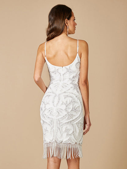 Lara Demi Beaded Short Fringe Wedding Dress