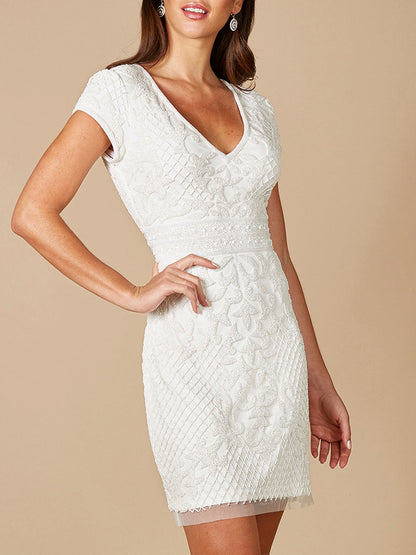 Lara Cam V-Neck Beaded Mini Sheath Dress