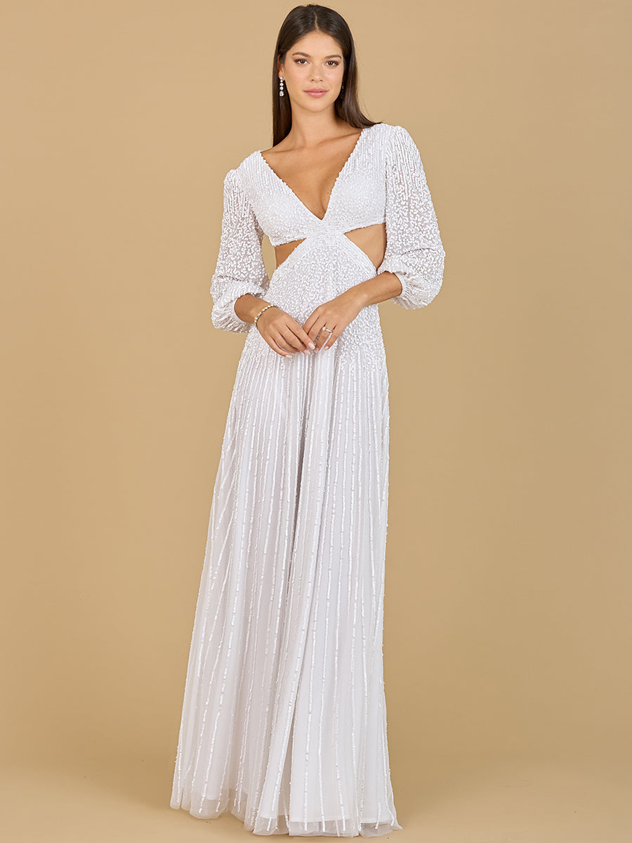 Long Sleeve Cut Out White Beaded Dress