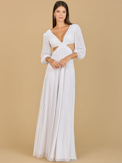 Long Sleeve Cut Out White Beaded Dress
