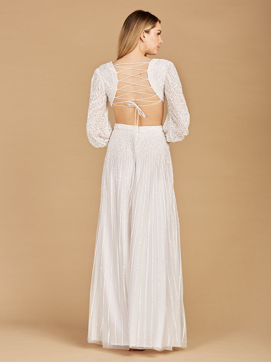 Long Sleeve Cut Out White Beaded Dress