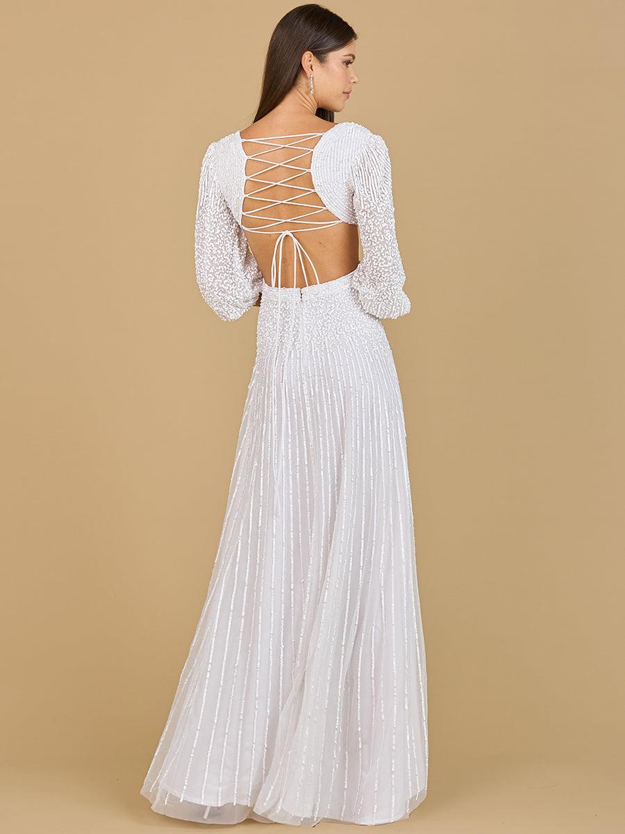 Long Sleeve Cut Out White Beaded Dress