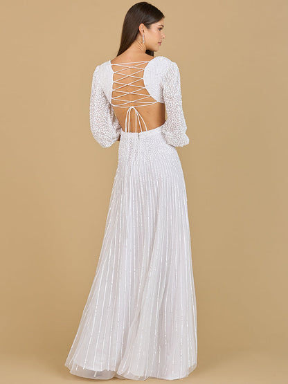 Long Sleeve Cut Out White Beaded Dress