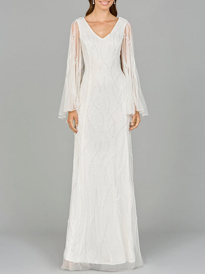 Cape Sleeve Beaded White Gown