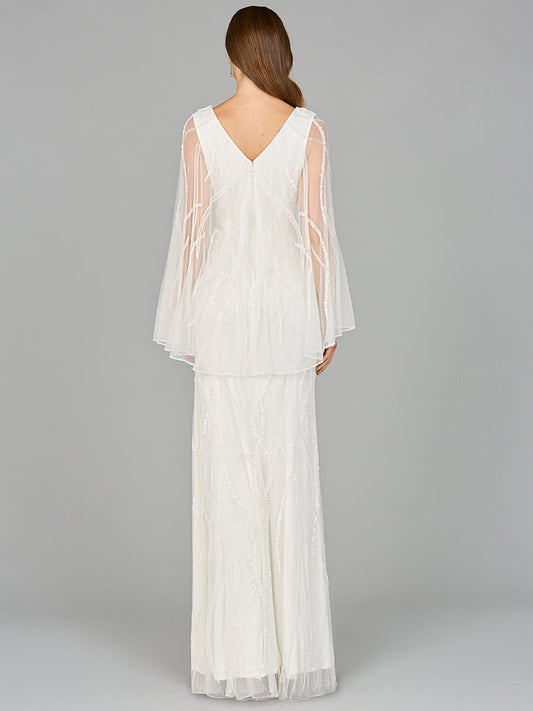 Cape Sleeve Beaded White Gown