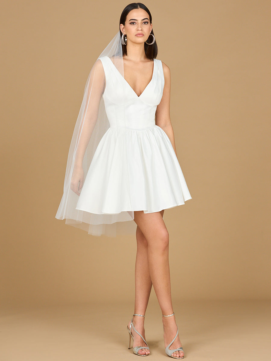 V Neck, A-Line Reception Short Dress with Veil