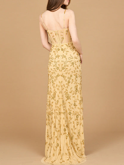 Beaded Corset Gown with Slit