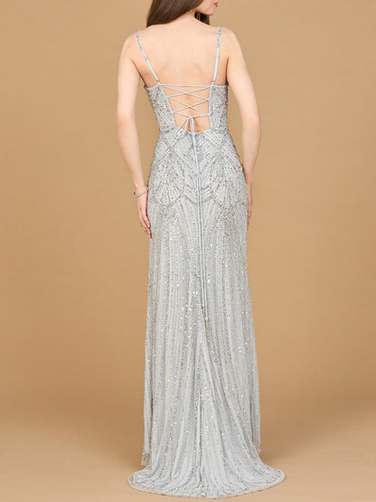 Beaded Lace-up Dress with Slit