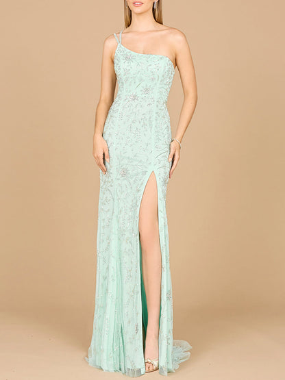 One Shoulder Beaded Gown with Slit