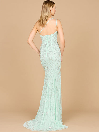 One Shoulder Beaded Gown with Slit