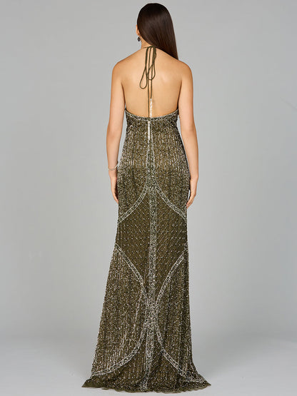 Symmetrical Halter Neck Beaded Gown - OUTLET