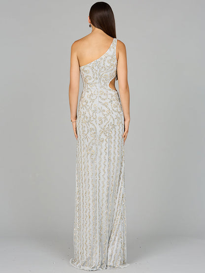 One-Shoulder Beaded Gown with Slit