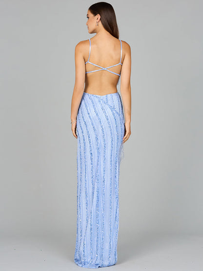 Cutout Beaded Gown with Fringes