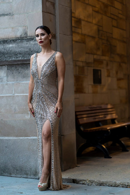 Show-stopping Embellished Long Dress with Thigh High Slit
