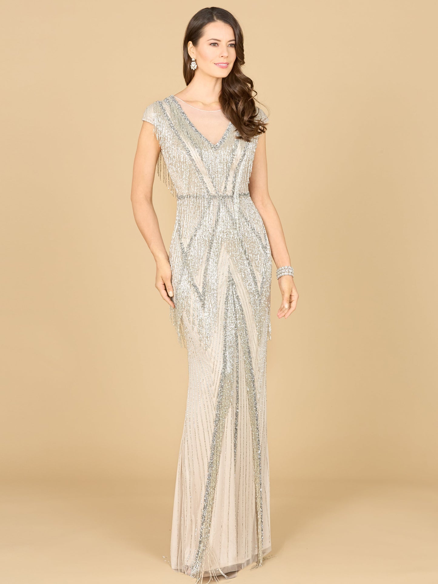 Beaded Fringe V-Neckline Dress with Cap Sleeves