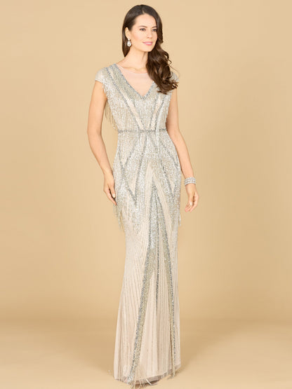 Beaded Fringe V-Neckline Dress with Cap Sleeves