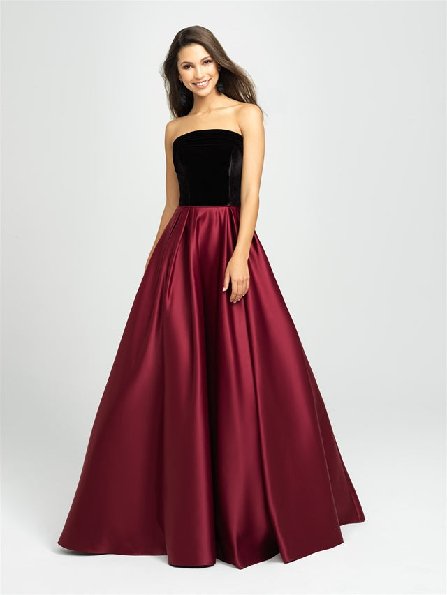 Black and Burgundy Strapless Velvet Bodice Ballgown