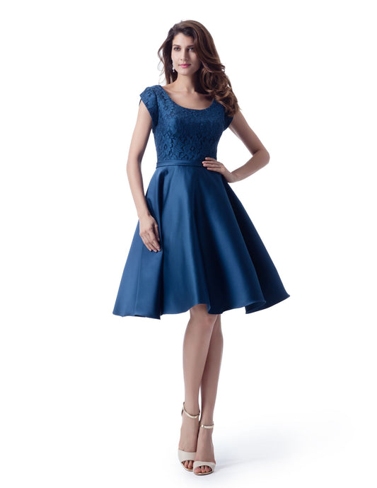 Blue Modest Lace and Satin Short Dress