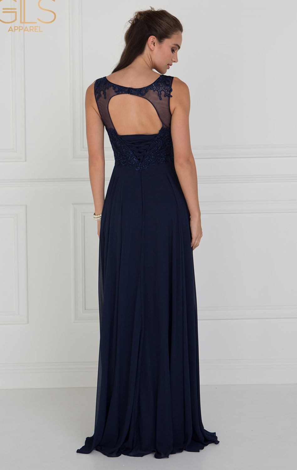 Navy Beaded Bodice Keyhole Dress