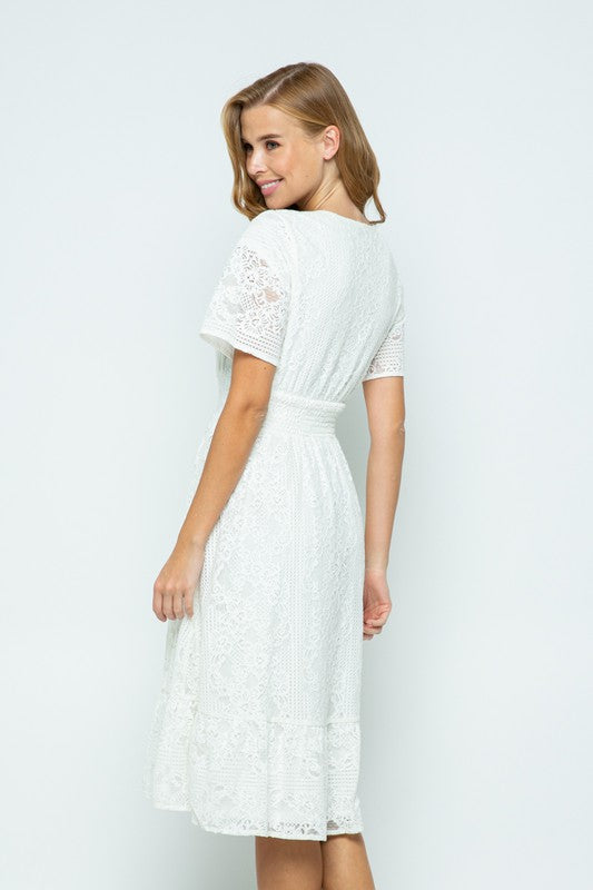 White Short Sleeve Lace Midi