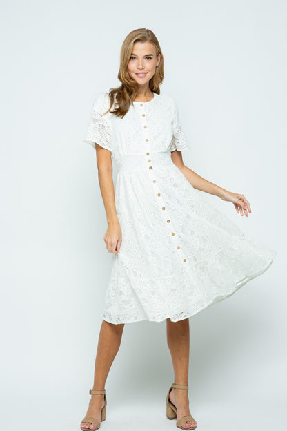 White Short Sleeve Lace Midi