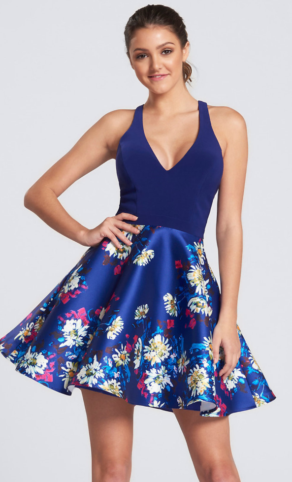 Royal Blue Floral Mikado Short Dress – Petals And Promises Prom