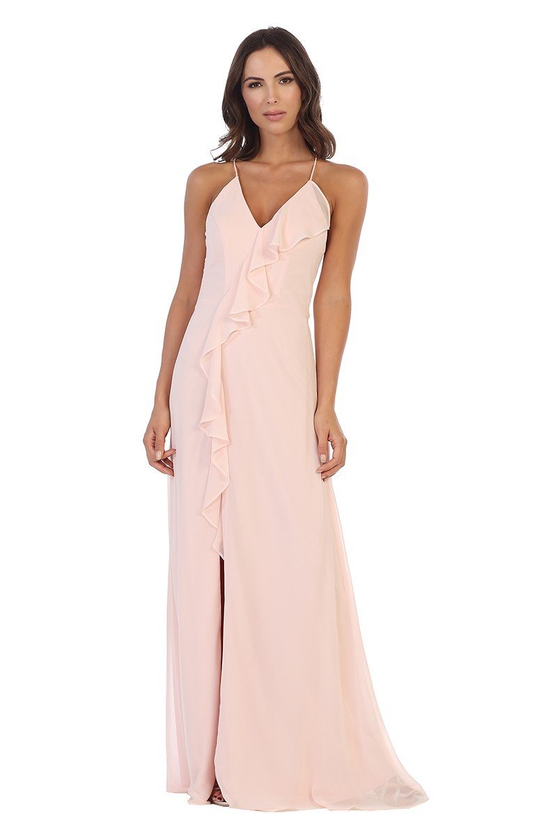 Ruffled Chiffon Gown with Slit