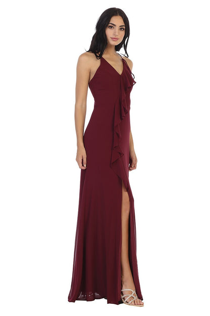 Ruffled Chiffon Gown with Slit