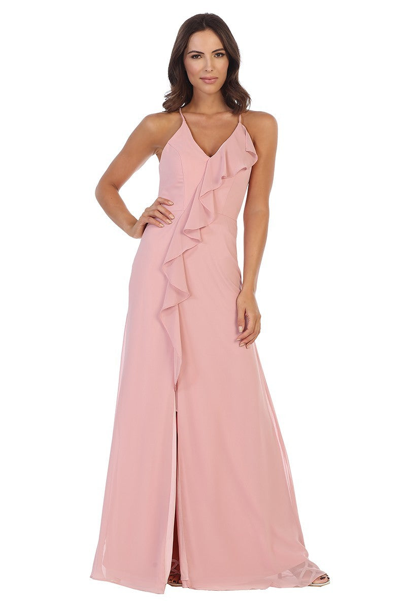 Ruffled Chiffon Gown with Slit