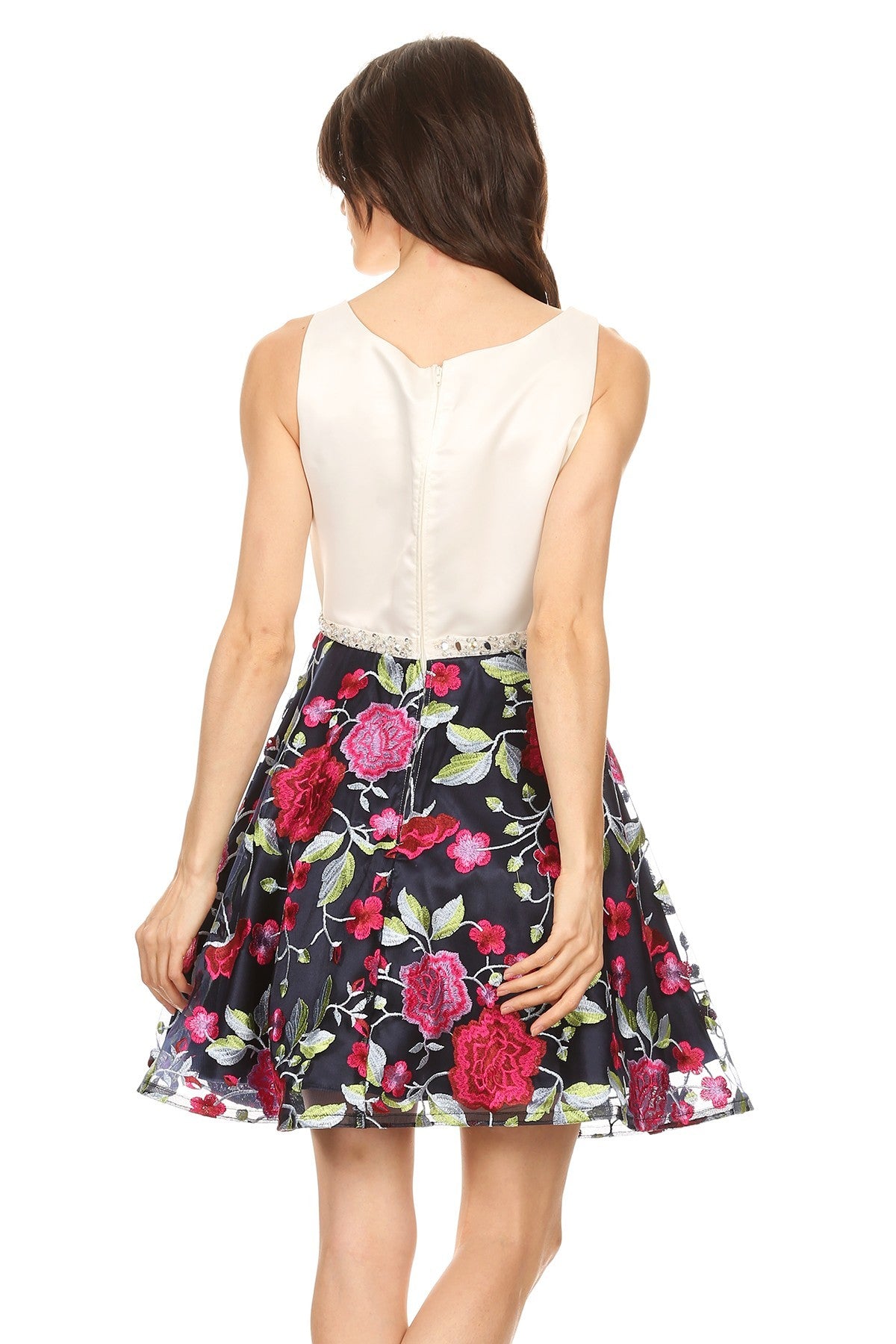 Floral Skirt Solid Bodice Midi