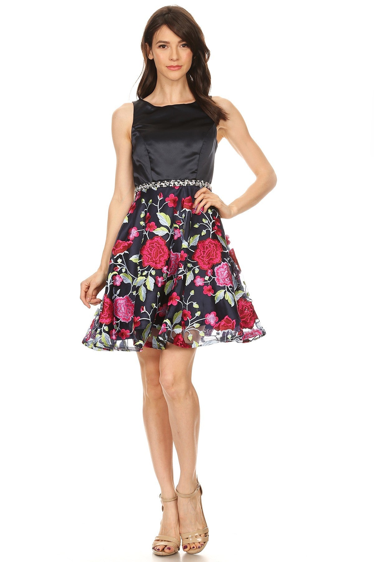 Floral Skirt Solid Bodice Midi