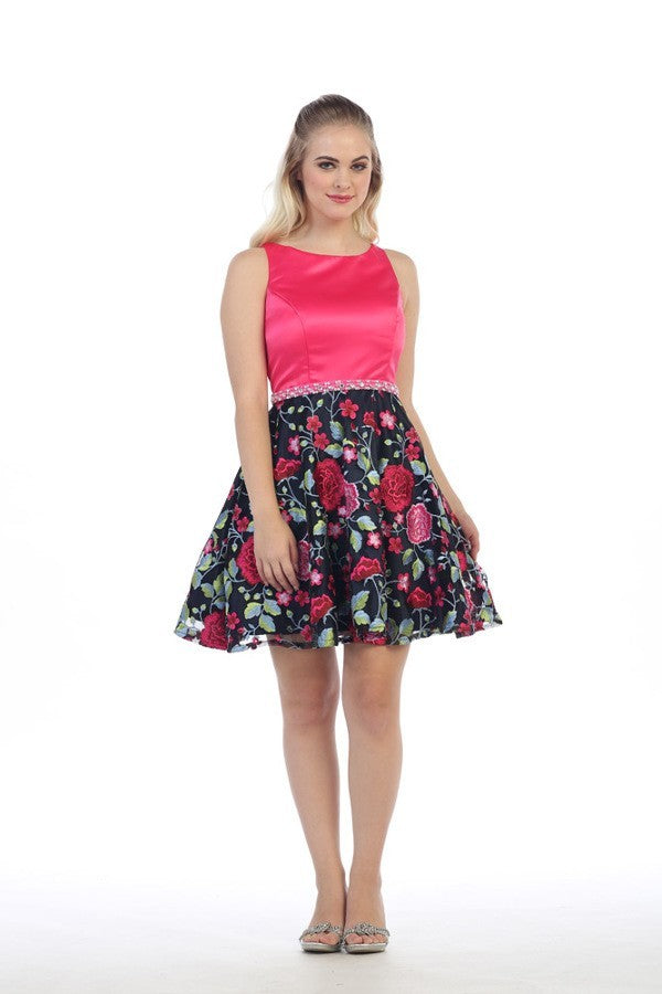 Floral Skirt Solid Bodice Midi