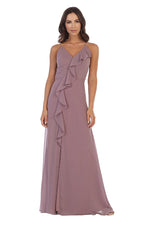 Ruffled Chiffon Gown with Slit