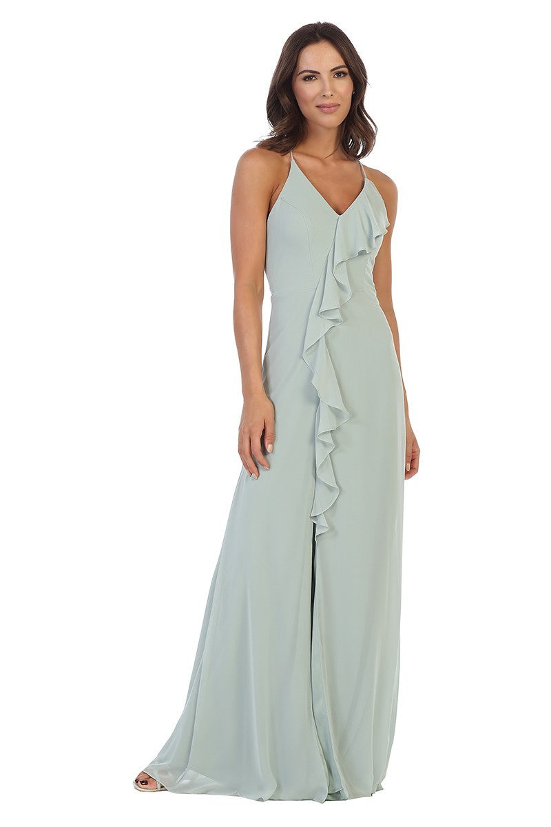 Ruffled Chiffon Gown with Slit