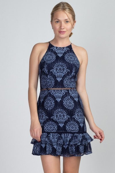 Navy Halter Neck Lace Mini