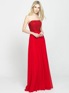 Red Strapless Beaded Bodice Chiffon Dress