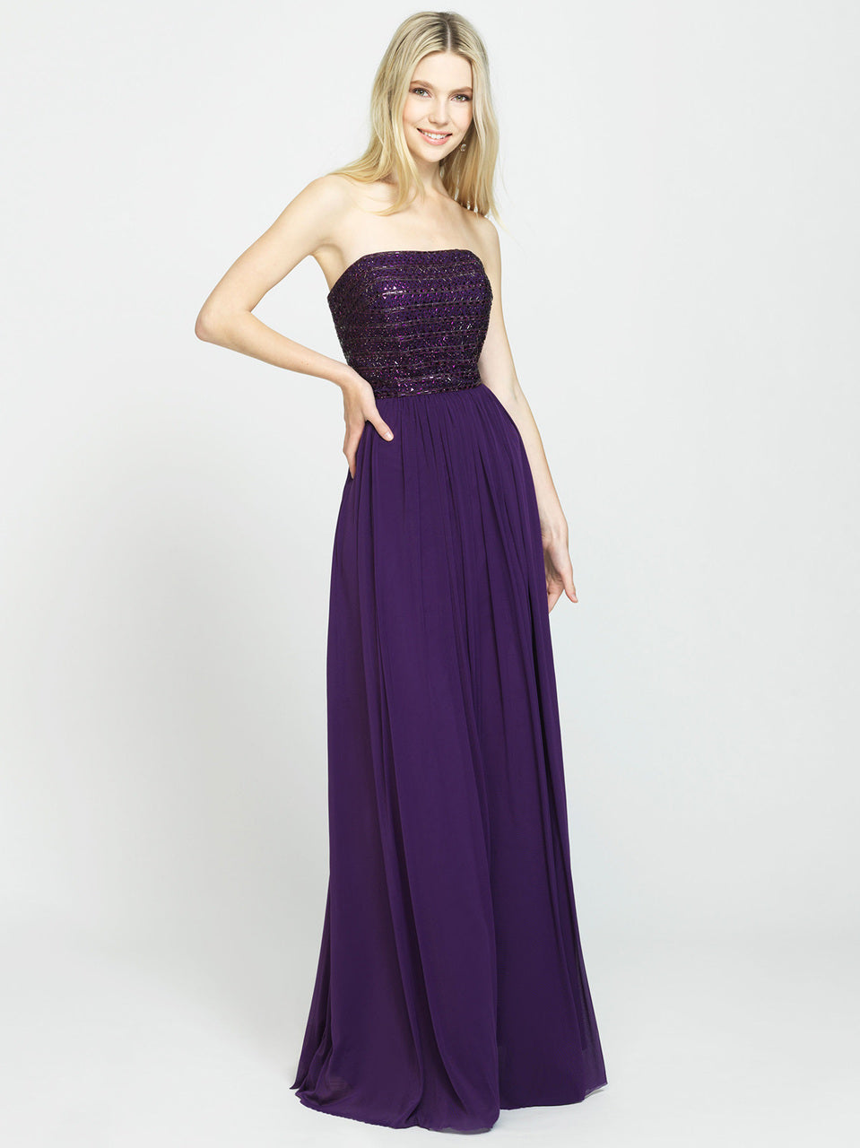 Purple Strapless Beaded Bodice Chiffon Dress