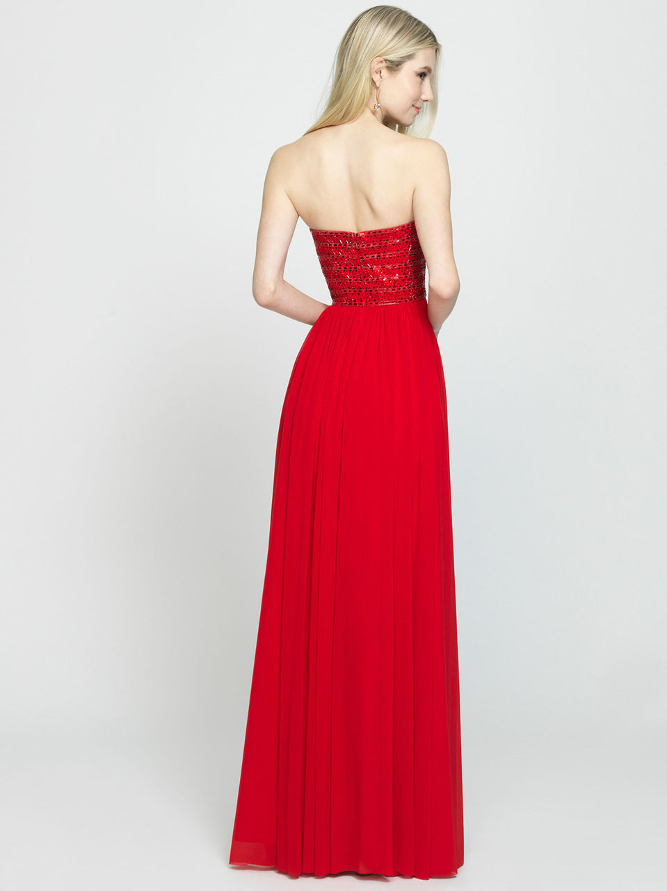 Red Strapless Beaded Bodice Chiffon Dress