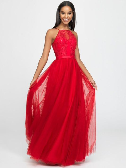 Red Beaded Halter Neck Tulle Dress